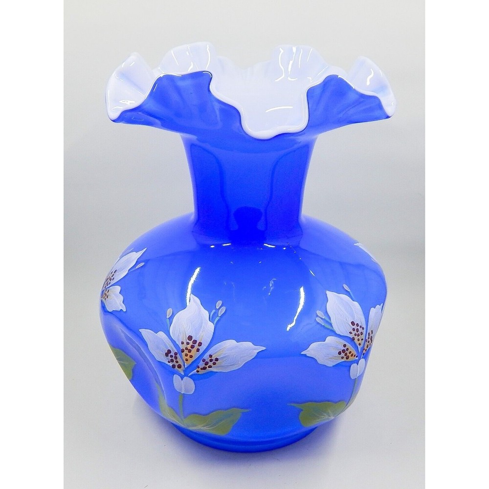 Fenton Blue Overlay Cased Glass White Hand-Painted Flowers Pinched Ruffle Vase